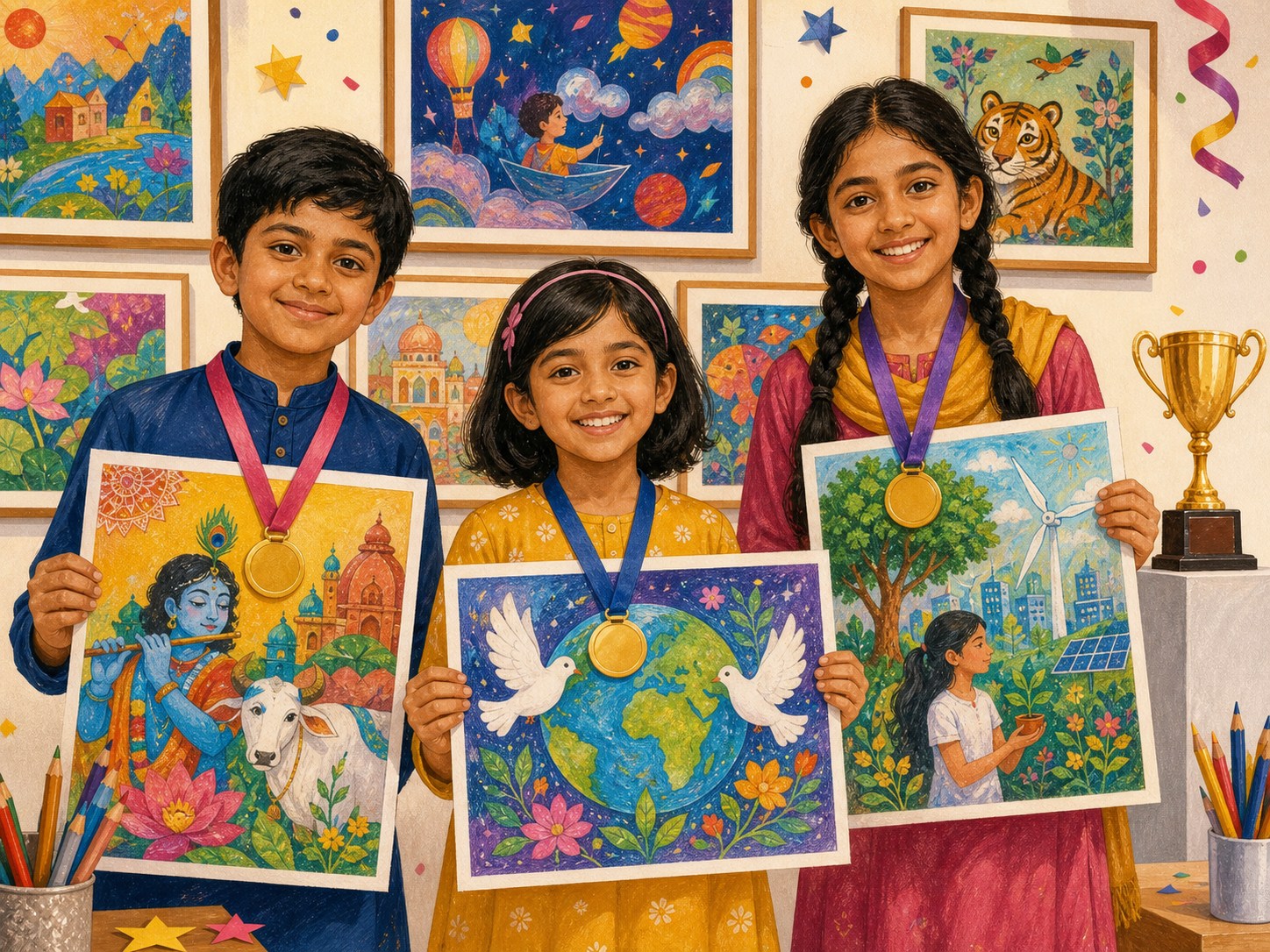 Three young artists proudly presenting award-winning artwork in a colourful student gallery
