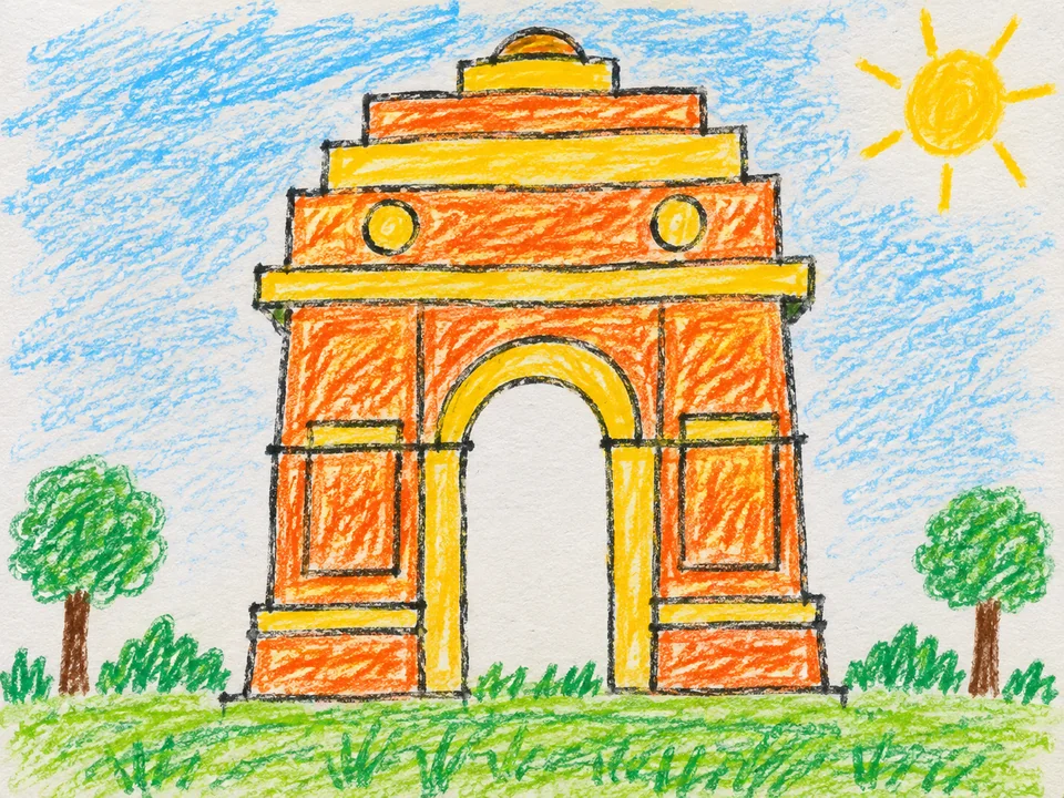 Kindergarten-style crayon colouring of India Gate