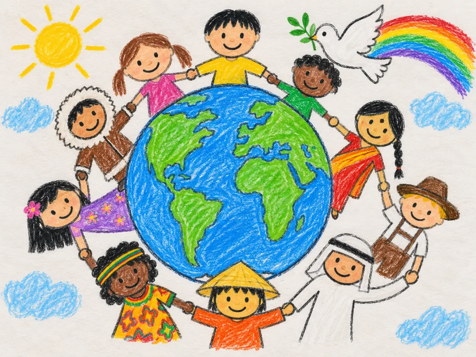 Child-style crayon drawing of children joining hands around the Earth