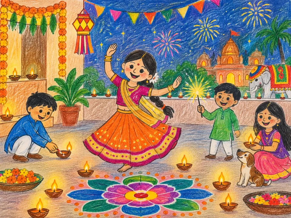 Student-style drawing of Indian festivals, dance, diyas and rangoli