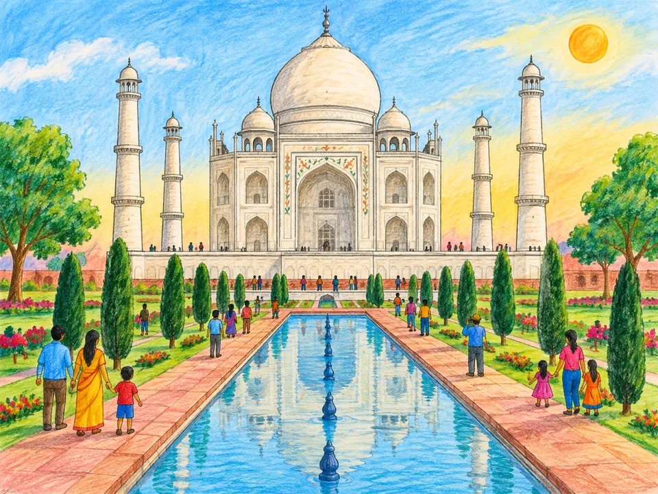 Student-style watercolour drawing of the Taj Mahal and its gardens