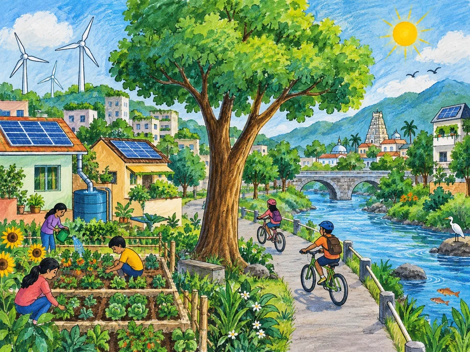 Student-style artwork of a sustainable Indian town with clean energy and gardens