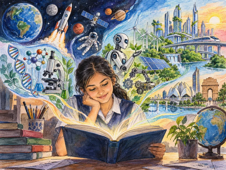 Student-style artwork of education opening paths to science, technology and the future