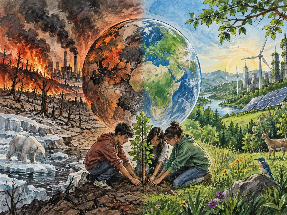 Senior-student-style artwork contrasting global warming with a greener future